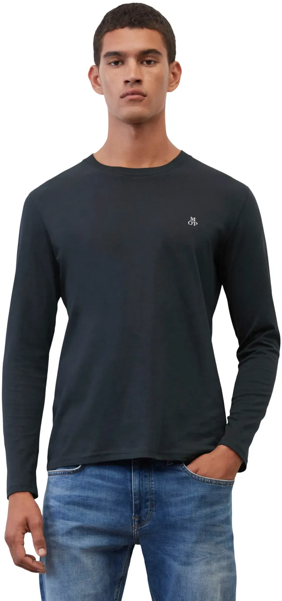Langarmshirt MARC O'POLO, Herren, Gr. XL, blau (schwarz night), Jersey, Obermaterial: 100% Baumwolle, Rundhals, Shirts Langarmshirt, mit dezentem Logo-Print vorne