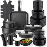 Tectake tectake® Küchenstarterset, Geschirrset aus Steingut, mit Glasur, hitzebeständig und kratzfest, inklusive Topfschonern und anklemmbaren Griffen