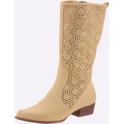 Stiefel HEINE, Damen, Gr. 39, beige (sand), Leder, Veloursleder, Rindsleder, modisch, Schuhe Cowboystiefel Sommerstiefel Reißverschlussstiefel