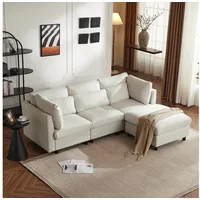 Merax 3-Sitzer mit Hocker, XXL Sofa, aus Leinen mit 2 Kissen,Sofagarnitur,Loungesofa,modulare Couch beige
