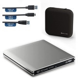 techPulse120 Externes UltraHD UHD 4k 3D M-DISC BDXL HDR10 100GB USB 3.0 & USB-C Laufwerk Bluray Brenner Burner Superdrive UltraSlim BD DVD CD Ultra Paket Tasche 90cm Anschlusskabel Aluminium Silber