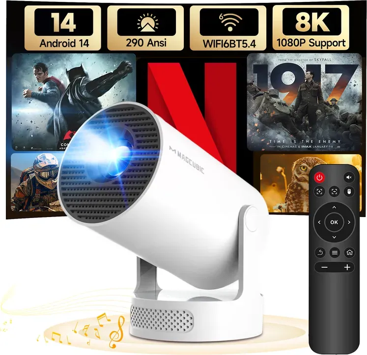 MAGCUBIC HY300Pro+ Mini-Beamer, 8K 1080P-Unterstützung mit WiFi 6 & BT 5.4, Android 14, 290 ANSI-Lumen Helligkeit mit 5W Soundbase-Lautsprecher, automatische vertikale Bildkorrektur, 180° drehbar, tragbar für Zuhause & Outdoor-Filme