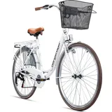 Bergsteiger Paris 26 Zoll Damenfahrrad, ab 140 cm, Korb, Fahrrad-Licht, Shimano 6 Gang-Schaltung, Damen-Citybike, Damenrad im Retro-Design - Weiß