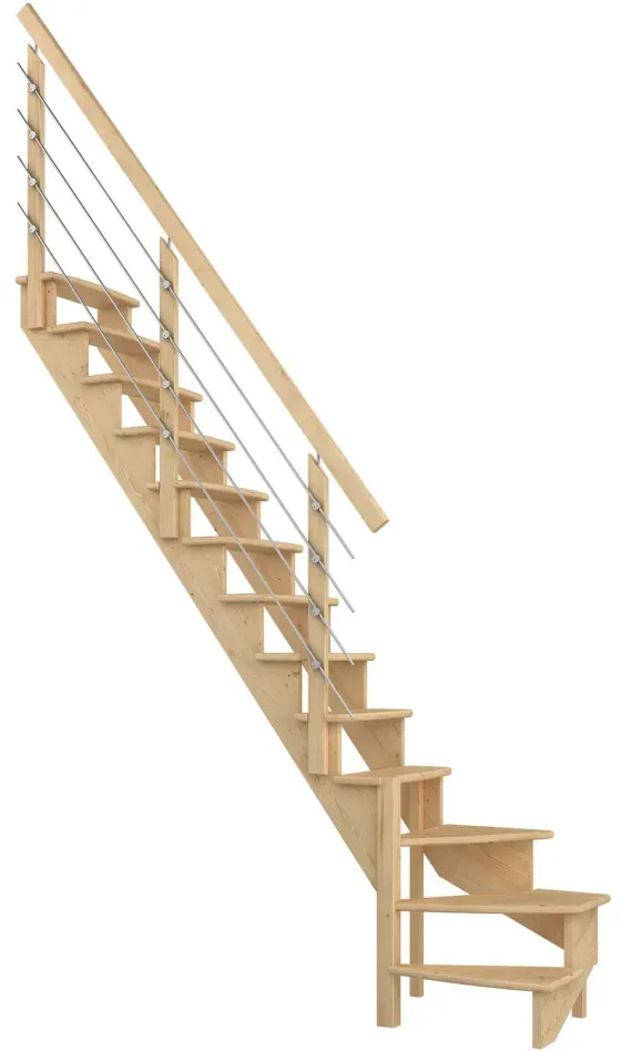 DOLLE Raumspartreppe Wangentreppe Lyon, 75 cm, 1/4 gewendelt,Edelstahlrohre links,Kiefer,versiegelt