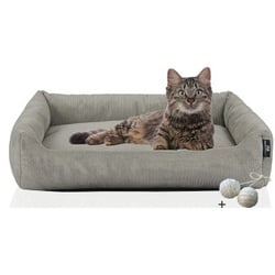 Rohrschneider ® Katzenbett waschbar mit Gratis-Beigabe, robuster Fein-Cordstoff grau