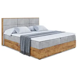 altdecor Boxspringbett mit H3-Matratze, Kopfteil und Bettkasten, mit Eiche Holz 160x200 Hellgrau Samt - Hellgrau