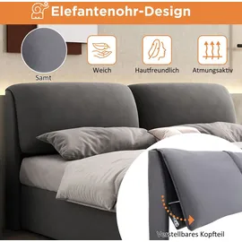 SOFTWEARY Stauraumbett mit Lattenrost, Bettkasten und 3 Schubladen, Kopfteil mit verstellbaren Kissen, Polsterbett, Samt Grau