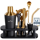 BARMINGO® Edelstahl Cocktail Set 11tlg. – 700 ml Cocktail Shaker Set mit Ständer und Bar Zubehör, Cocktailshaker Set | Barkeeper Set | Cocktail Mix Set | Bar Set | Geschenkset | Schwarz & Gold