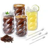 4er Set Latte Macchiato Gläser, Doppelwandige Kaffeegläser 4 Pack, 350ml mit Löffeln, Thermogläser Doppelwandig gläser Cappuccino gläser Spiralförmig Espressotassen, Alltag, Partys, Festivals