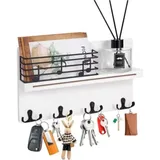 Wandmontierter Schlüsselhalter, Schlüsselbrett Mit 4 Doppelhaken Und Ablagefach, Wandorganizer Aus Holz Mit Ablage Für Eingangsbereich Und Garderobe, Weiß