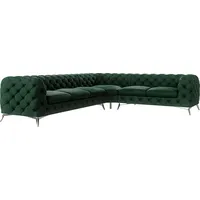S-STYLE MÖBEL - Chesterfield Ecksofa Cleo mit Silber Metall Füßen aus Flasche Grün Samtstoff, Ottomane rechts, B/T/H: 323 cm/ 264 cm/ 75 cm - Grün