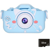 1080P 2,0 Zoll Bildschirm DigitalKamera Kinder mit 32G TF Karte, Fotokamera Geschenke für Jungen und Mädchen,(style:Blue Cat;)