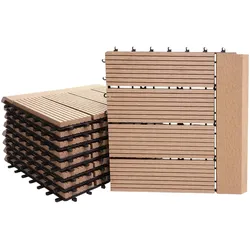 Mendler WPC Bodenfliese Rhone + Abschluss, Holzoptik Balkon/Terrasse, 11x je 30x30cm = 1qm Premium ~ teak linear waagrecht