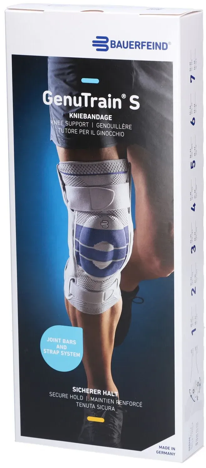 Bauerfeind® GenuTrain S Aktive Kniebandage mit seitlichen Gelenkstabilisatoren Gr. 5 Links Titan