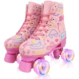 XUDREZ Rollschuhe Tribolumineszenz Rollschuhe Kinder und Erwachsene Rosa Druck Quad-Skates Leuchtenden Rädern Verstellbare Für Mädchen, Damen und Anfänger (Pink,35)