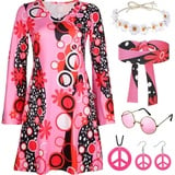 Hippie Kostüm Damen Kleid Set mit 70er Jahre Kleid Hippie Accessoires 60er 70er Jahre Outfit Damen Party Disco Karneval 70er Kostüm Hippie kleidung Damen Frau 70er Jahre Bekleidung Damen 70er Mode(M)