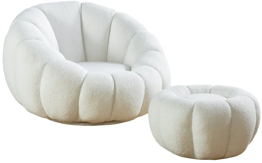 SalesFever Sessel und Hocker Set | mit 360° Drehfunktion | Teddyfell | B 97 x T 95 x H 65 cm | weiß