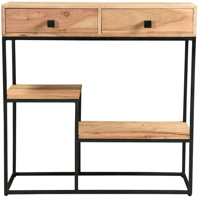 Console avec rangements 2 tiroirs en bois massif et métal noir L80 cm GRENELLE