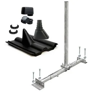 PremiumX Dachsparrenhalter Satellitenschüssel Montage Set Sparrenhalter feuerverzinkt 1m Mast Frankfurter SAT Ziegel schwarz Mastkappe