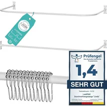 LAAKFELD Duschvorhangstange L Form & Duschstange U Form 6 in 1 System inkl. 12 Ringe - Stabile Winkelstange Duschvorhang ohne Deckenhalterung - Duschstange Ecke Rostfrei - Duschvorhangstange Badewanne & Dusche