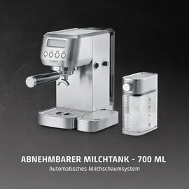 CASO Design Espresso Gourmet Latte Siebträgermaschine silber mit integriertem Milchbehälter