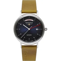 Bauhaus Herrenuhr Automatik 21623 - Dunkelblaues Ziffernblatt mit weißen Zahlen/Indices,hellbraun - 41mm