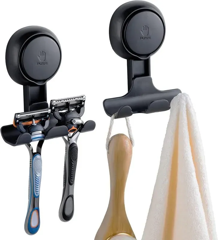 TAILI Saugnapf-Rasiererhalter für die Dusche, 2er-Pack, Handtuch-, Schwamm-, Rasiererhalter für die Duschwand, leistungsstarke Saugnapfhaken für den Innenbereich des Badezimmers, einfach zu installieren und wiederzuverwenden, Schwarz