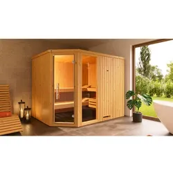 WEKA Ecksauna »VARBERG 4«, 4 Personen, inkl. 9 kW Ofen mit externer Steuerung - braun