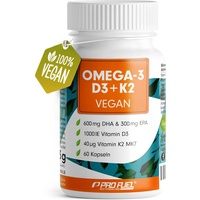 Omega-3 vegan + D3 & K2 (60x), 1100mg Algenöl mit 600mg DHA & 300mg EPA + 1000 IE Vitamin D3 + 40 μg Vitamin K2 - O3 D3 K2 Essentials -Kapseln hochdosiert, bioverfügbar & laborgeprüft