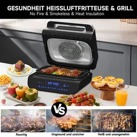 Homelux Foodi Grill & Heißluftfritteuse, 6-in-1 Airfryer Elektrischer mit Temperaturfühler, Touch-Steuerung, Max 230°C, 120-Minuten Timer, 1700W - Silber