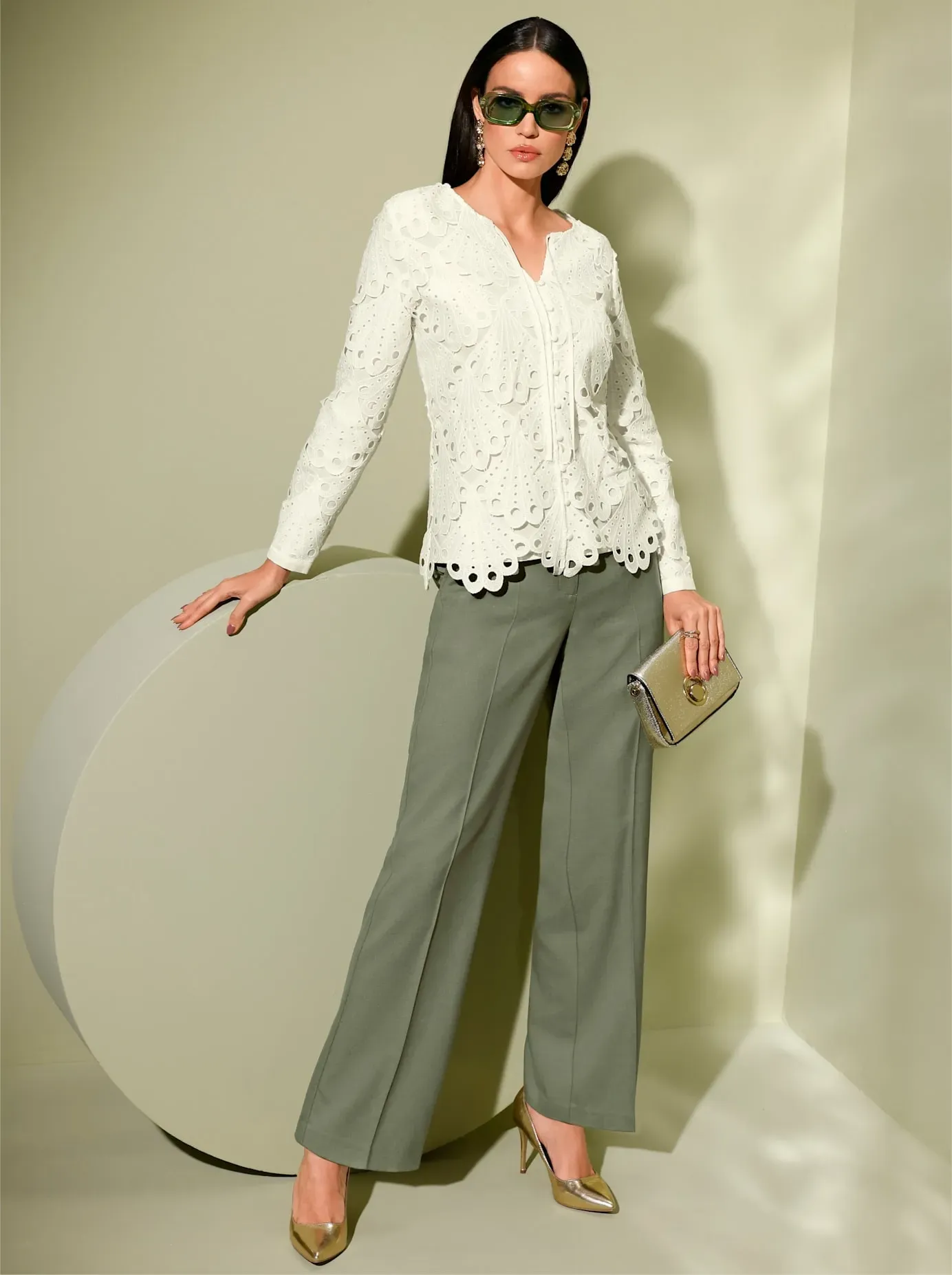 Spitzenbluse CREATION L, Damen, Gr. 48, beige (ecru), 100% Polyester, unifarben, Rundhals, Blusen Spitzenbluse