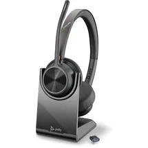 Poly Schnurloses Poly Voyager 4320 UC-Headset und Ladestation – Stereo-Kopfhörer mit Noise Cancelling-Mikrofonarm – Verbindung mit PC/Mac/Mobiltelefon über Bluetooth – Kompatibel mit Teams, Zoom & mehr