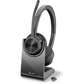 Poly Schnurloses Poly Voyager 4320 UC-Headset und Ladestation – Stereo-Kopfhörer mit Noise Cancelling-Mikrofonarm – Verbindung mit PC/Mac/Mobiltelefon über Bluetooth – Kompatibel mit Teams, Zoom & mehr