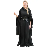Battle-Merchant - langes Mittelalterkleid Isra mit Trompetenärmeln und großzügiger Kapuze für Damen - für Karneval, Halloween, LARP (M, Schwarz)