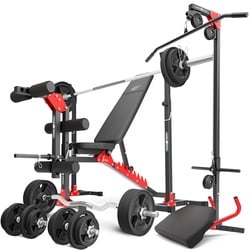 Set MH25_162KG_KIER_G | Hantelbank MH-L115 + 2 x Hantelständer + Beintrainer + Latzugstation + Curlpult + Stangen / Hantelscheiben 113 kg - Marbo Sport