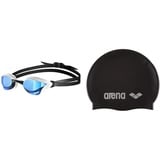 arena Cobra Core Swipe Mirror Goggle, 413748492, 003251, blau/weiß, einheitsgröße & Unisex Badekappe Classic Silikon(Verstärkter Rand, Weniger Verrutschen der Kappe, Weich), Black-Silver (55)One Size