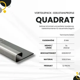 tktrading24 5x Quadrat Edelstahlschiene Fliesenprofil Fliesenschiene L250cm 8mm gebürstet