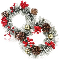 2x Tischkranz Weihnachten - Adventskranz mit Pinienzapfen, Beeren, Kunstschnee