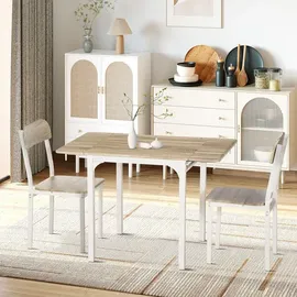 Homcom Essgruppe mit 2 Stühlen und Tisch Klappbare Tischplatte für Küche kleine Raume Stahl MDF Natur+Weiß 110 x 70B x 75H cm-Natur+Weiß -