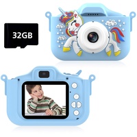 Kinderkamera, 1080P HD Digitalkamera Kinder, 2,0 Zoll Bildschirm Doppelobjektivkamera mit 32GB SD-Karte Selfie Kinder Kamera für 3-12 Jahre Jungen Mädchen Weihnachten Spielzeug Geburtstag Geschenke