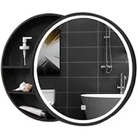 MaGiLL Runder Badezimmer-Spiegelschrank mit LED-Beleuchtung, an der Wand montierter Aufbewahrungsschrank, Spiegel-Medizinschrank, 3-stufiger Aufbewahrungs-Schiebespiegel aus Holz, Smart-