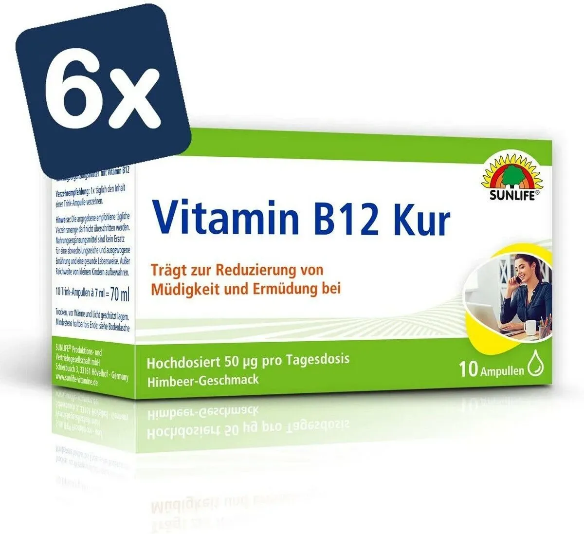 Sunlife Vitamin B12 Kur hochdosiert gegen Müdigkeit & Erschöpfung erhöht geistige Leistungsfähigkeit, 10 Ampullen à 7ml - 6er Pack