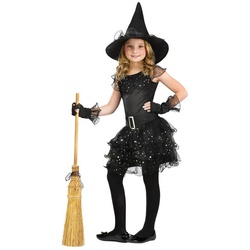 Fun World Kostüm Sternen Hexe Kostüm für Halloween und Karneval, Zauberhaftes Glitzer Hexen Kostüm für Mädchen schwarz 128-140