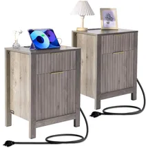 Vevor Beistelltisch Quadratisch Nachttisch 2-tlg. Nachtschrank mit USB-Anschlüssen & Steckdosen, 3-stufiger Beistelltisch mit Aufbewahrungsschrank und 2 Schubladen, für Wohnzimmer Schlafzimmer Büro