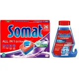 SOMAT Tabs 26 AW all in 1 Extra, Geschirrspül Tabs für strahlende Sauberkeit, bekämpfen selbst eingetrocknete Rückstände + Somat Duo Power Experten Intensiv-Maschinenreiniger 250ml