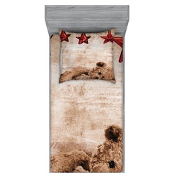 Bettwäsche bedrucktes 2-teiliges Bettwäscheset, Abakuhaus, Microfaser, Karikatur Teddybär und Weihnachten Sterne beige 90 cm x 200 cm