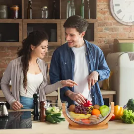 Relaxdays Obsthängematte, Bambus und Edelstahl, Gitter Design, Deko Obstschale, HxBxT: 18, 5 x 38 x 23 cm,