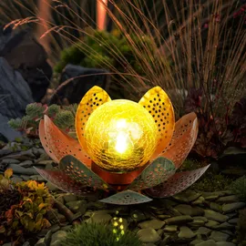GLOBO Garten Außenlampen Solarleuchte dekorative LED Solarleuchte im Lotusblüten Design, Glaskugel goldfarben, LED, 22cm, Terrasse