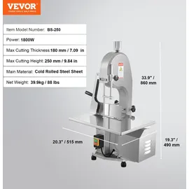 Vevor Kommerzielle elektrische Fleischbandsäge, 1800 W Edelstahl-Knochensäge für die Arbeitsplatte, Arbeitsfläche 15 x 19,1 Zoll, maximale Schn...