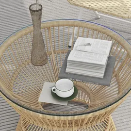Outsunny Beistelltisch Rattan, Ø60 cm Couchtisch Gartentisch mit Tischplatte aus Hartglas